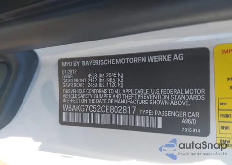 2012 BMW 335I z USA, uszkodzony, nr VIN WBAKG7C52CE802817